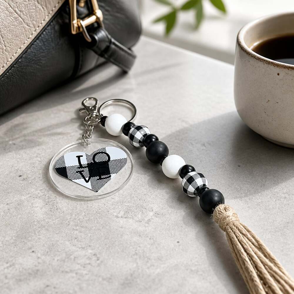 Handmade Black and White Buffalo Plaid Love Beaded Keychain with Tassel